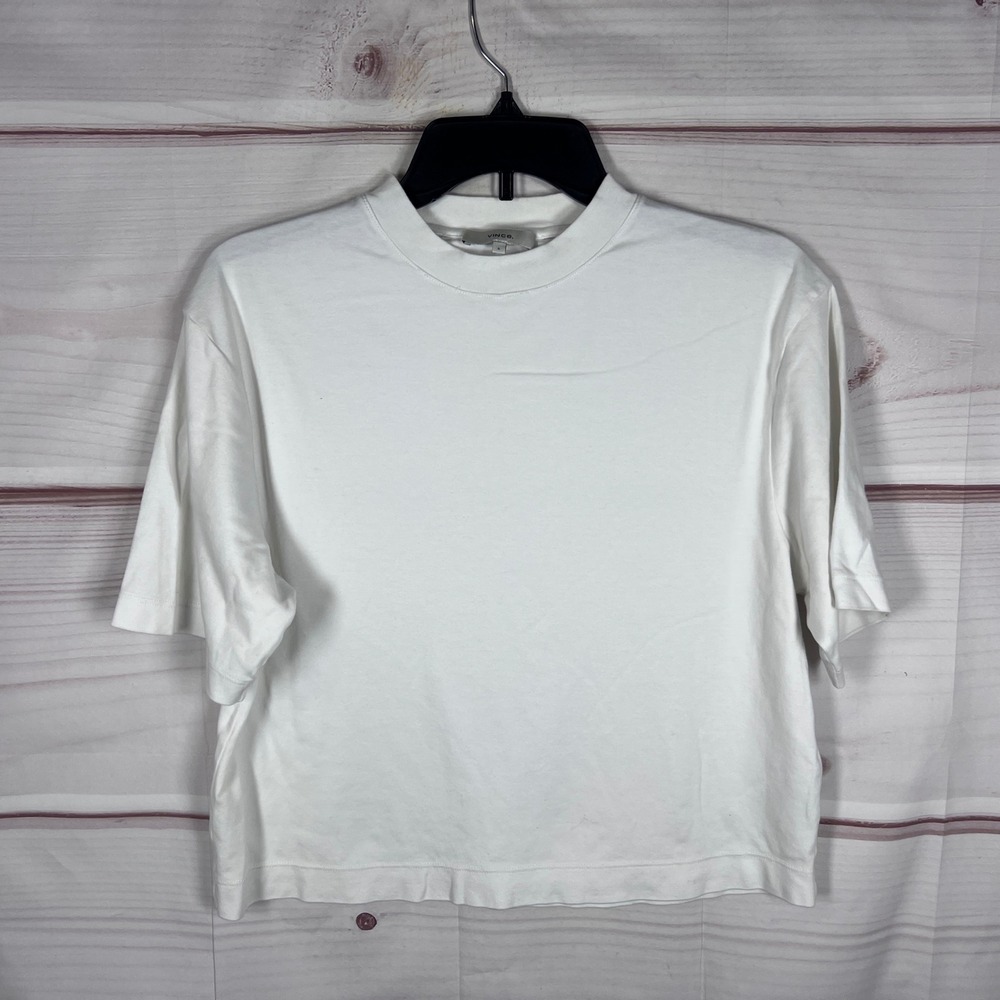 Vince T-Shirt Women Small White Pima Cotton Short Sleeve Crew Neck Cropped Boxy